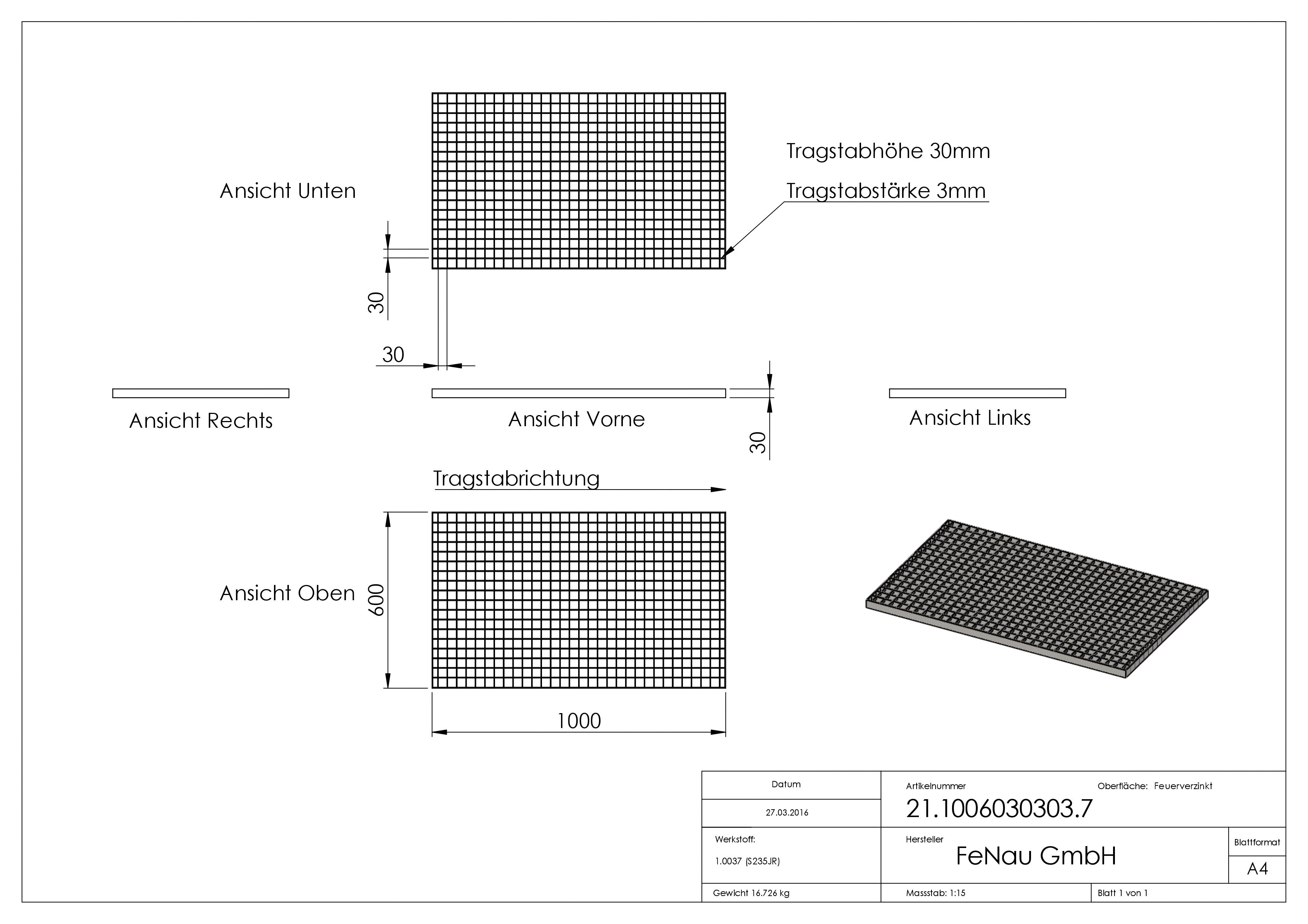 Industrie-Gitterrost | Maße: 1000x600x30 mm; MW 30/30 mm; 30/3 mm | S235JR (St37-2), im Vollbad feuerverzinkt