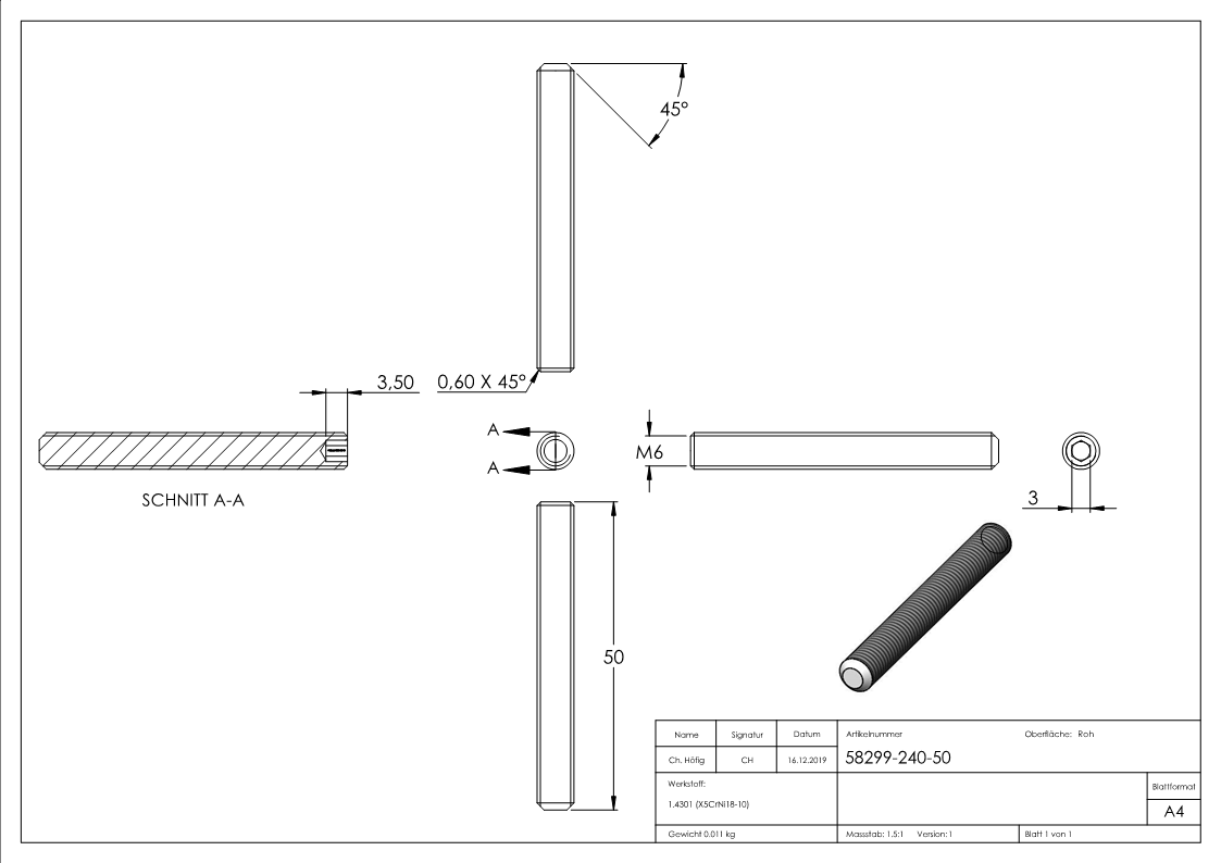 Gewindestift M6 x 50, A2, DIN 913 / ISO 4026