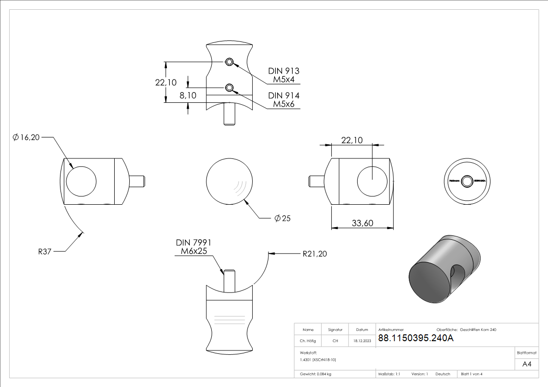 Querstabhalter V2A Edelstahl Ø 25 mm– Anschluss Ø 42,4 mm passend für Rundstäbe 16 mm inkl. Schraube