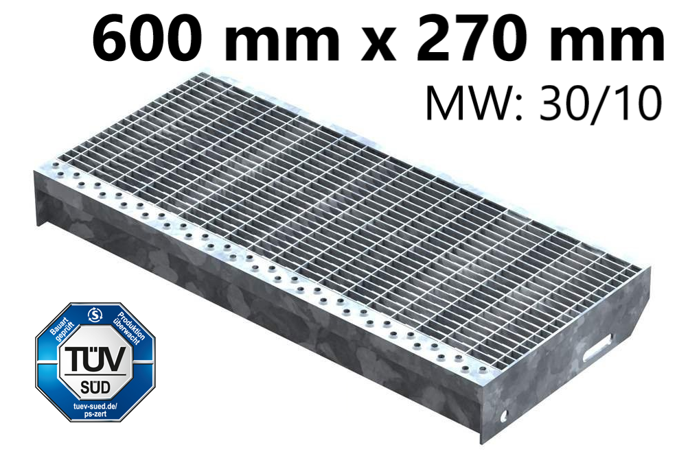 Gitterroststufe Treppenstufe Masse- 600x270 mm 30-10 mm S235JR -St37-2- im Vollbad feuerverzinkt-40-602731.7