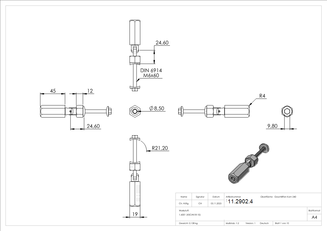 Gewindeterminal mit Gelenk | Für Seil Ø 6 mm | zur Selbstmontage für Pfosten Ø 42,4 mm | V2A