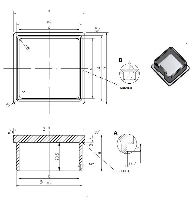 Endkappe für Rohr: 50x50x2 mm zum Kleben V2A