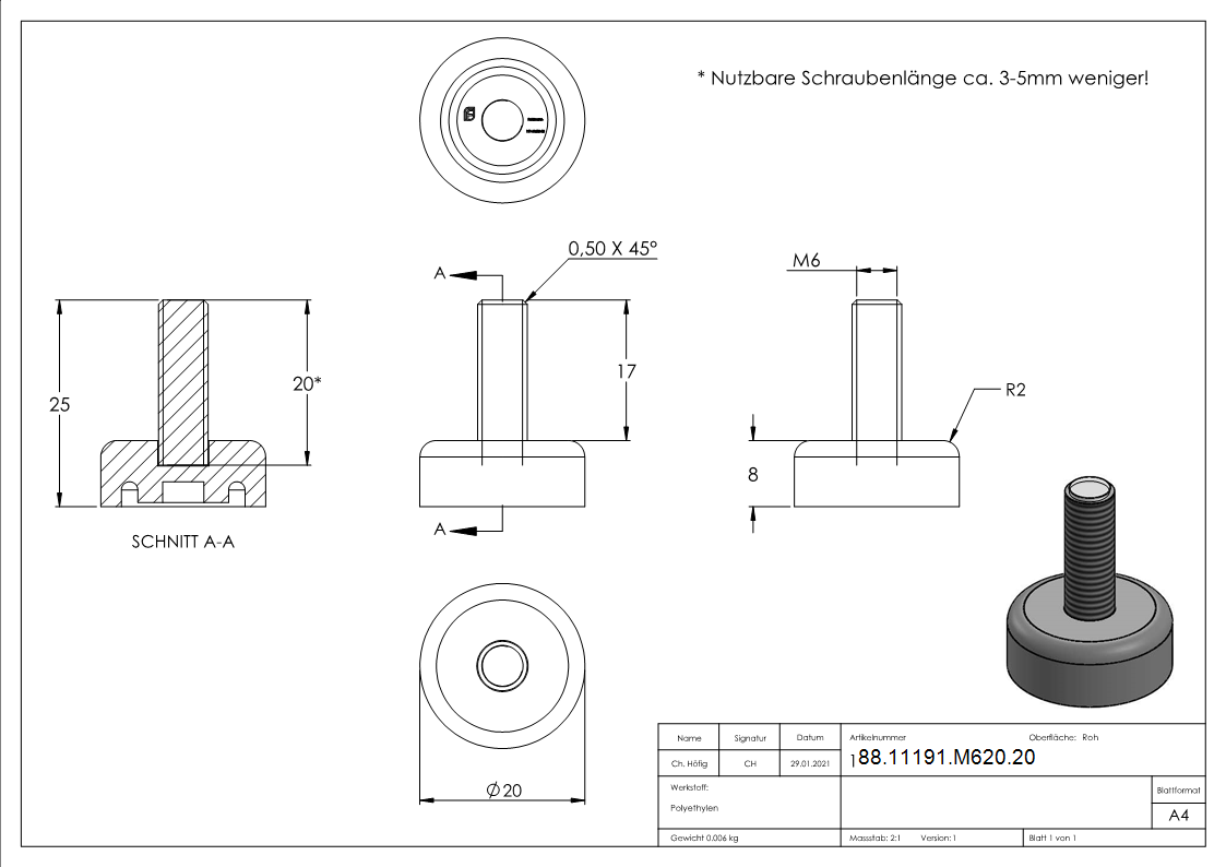 Bodenausgleichsschraube M6 x 20
