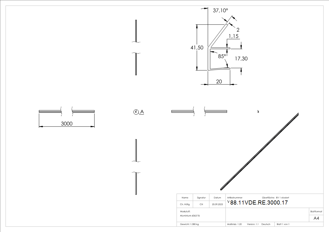 Regenrinne Aluminium eloxiert E4-EV1 fuer Glas 17-52 mm L = 3000 mm Edelstahloptik-88-11VDE-RE-3000.17