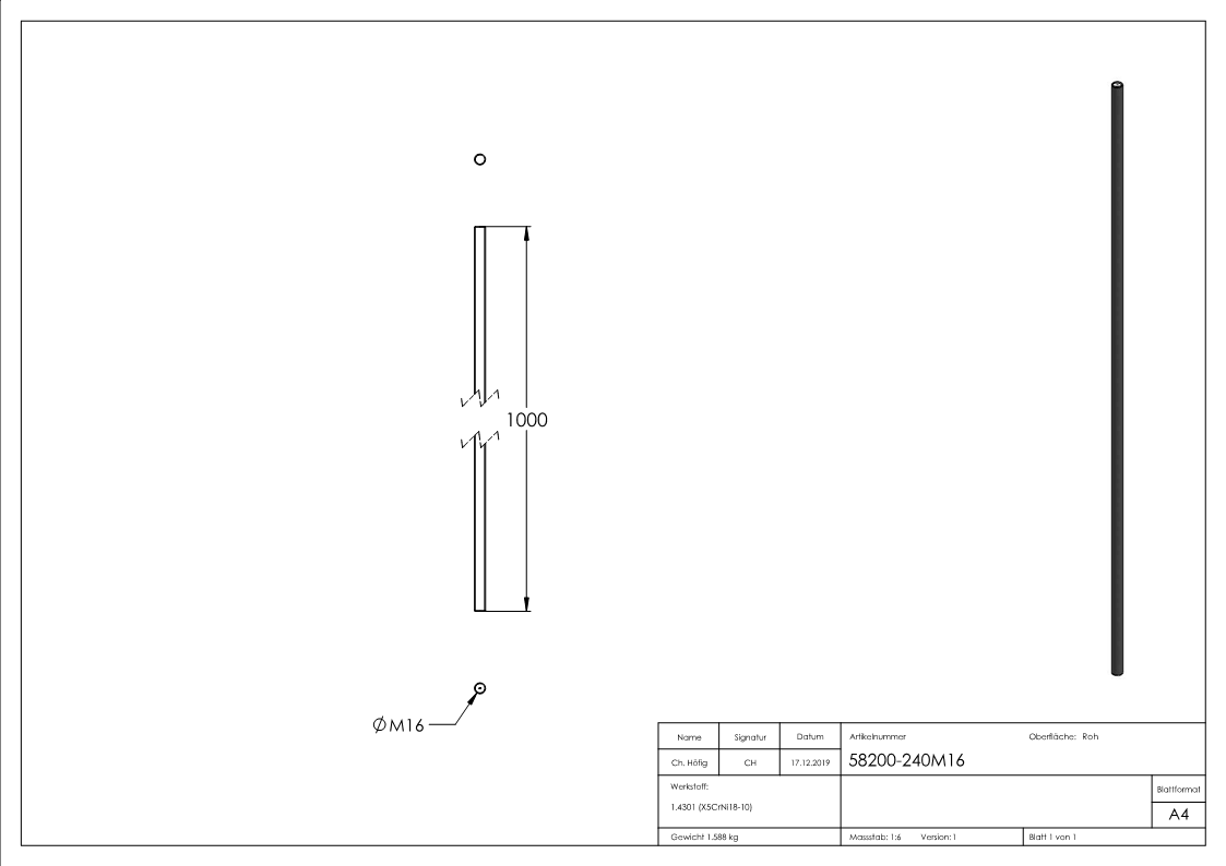 Gewindestange V2A L=1000 mm, M16