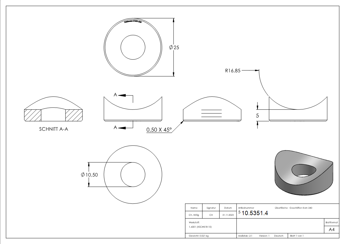 Ausgleichsstueck Ø 25 mm fuer Rundrohr Ø 33-7 mm V2A-10-5351.4
