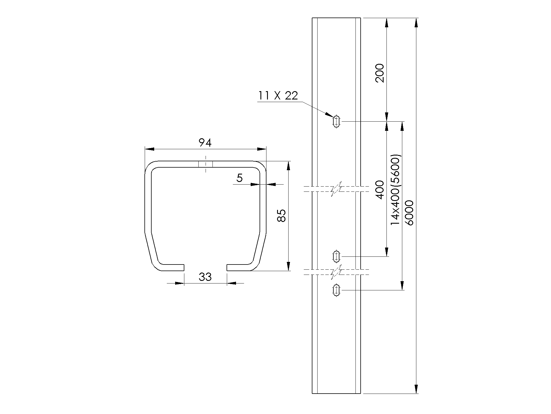 Fuehrungsprofil Stahl verzinkt 94 x 85 x 5 mm L=6000 mm mit Loechern-89-11H0294X85ZND6000-A.4