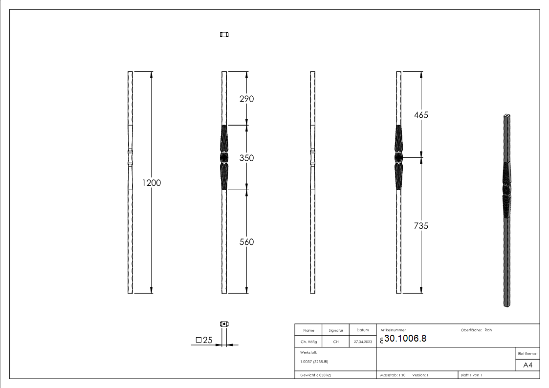 Anfangsstab Pfosten Länge: 1200 mm Material: 25x25 mm Stahl S235JR, roh