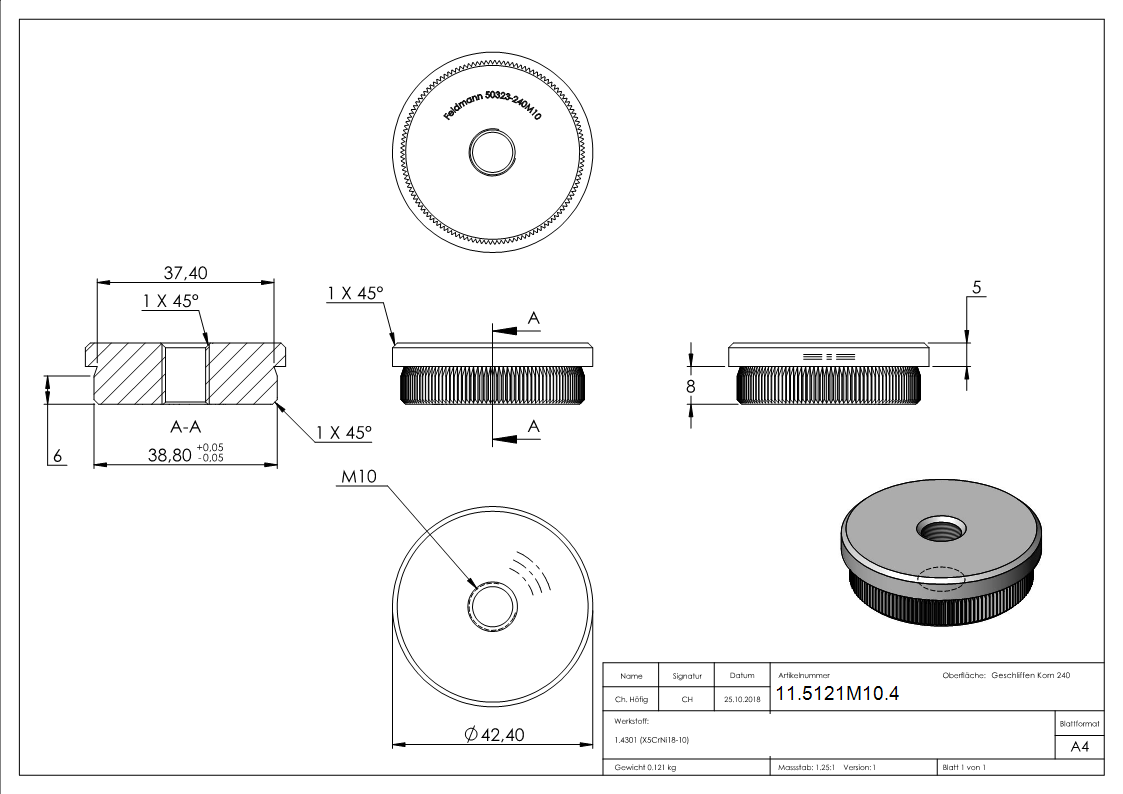 Rohrstopfen flach mit M10 für Ø 42,4x2,0 mm | V2A