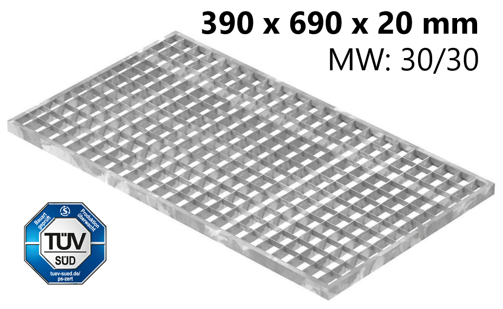 Lichtschachtrost Baunormrost | Maße:  390x690x20 mm 30/30 mm | aus S235JR (St37-2), im Vollbad feuerverzinkt