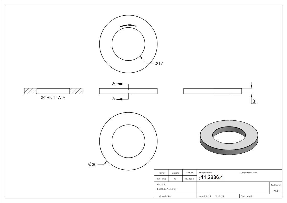 Beilagscheibe | für Gewinde M16 | DIN 125-1, A2 | V2A