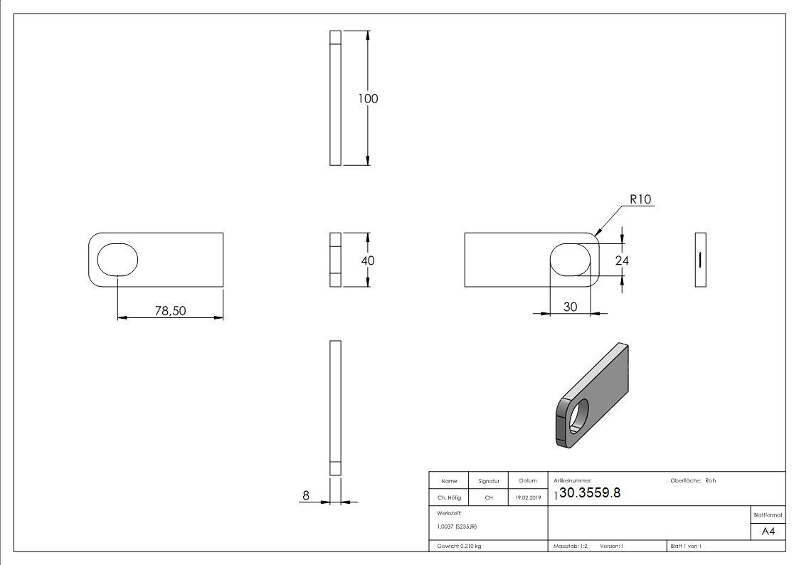 Anschweißlasche | Maße: 100x40x8 mm | Langloch: 30x24 mm | Stahl (roh) S235JR