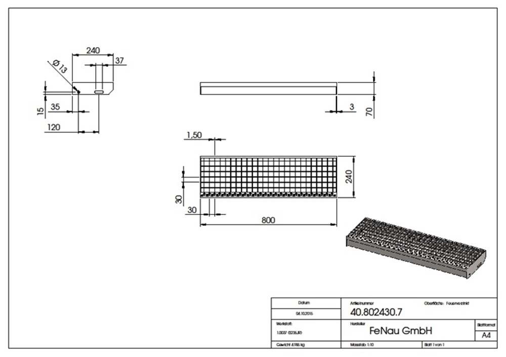 Gitterroststufe Treppenstufe Masse- 800x240 mm 30-30 mm S235JR -St37-2- im Vollbad feuerverzinkt-40-802430.7