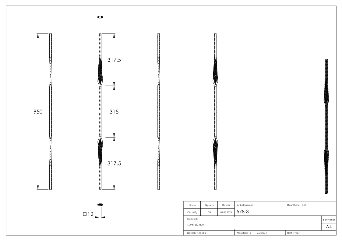 Zierstab | Länge: 900 mm | Material: 12x12 mm geschmiedet | Stahl S235JR, roh