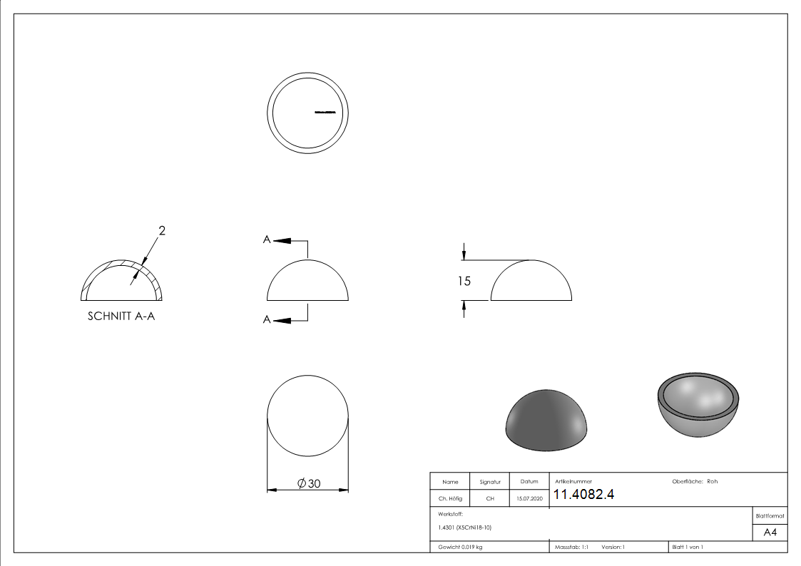 Halbhohlkugel Ø 30x2-0 mm V2A ungeschliffen-11-4082.4