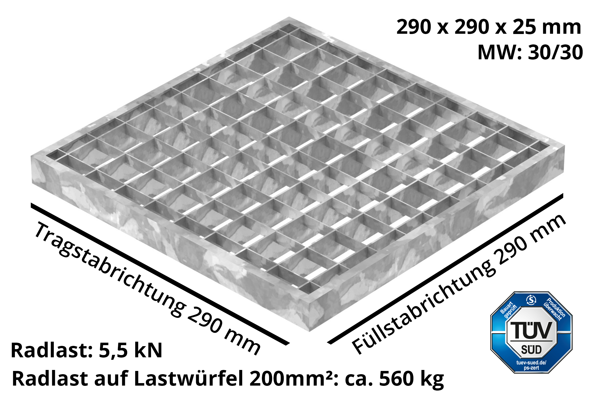 Garagen-Gitterrost | Maße:  290x290x25 mm 30/30 mm | aus S235JR (St37-2), im Vollbad feuerverzinkt