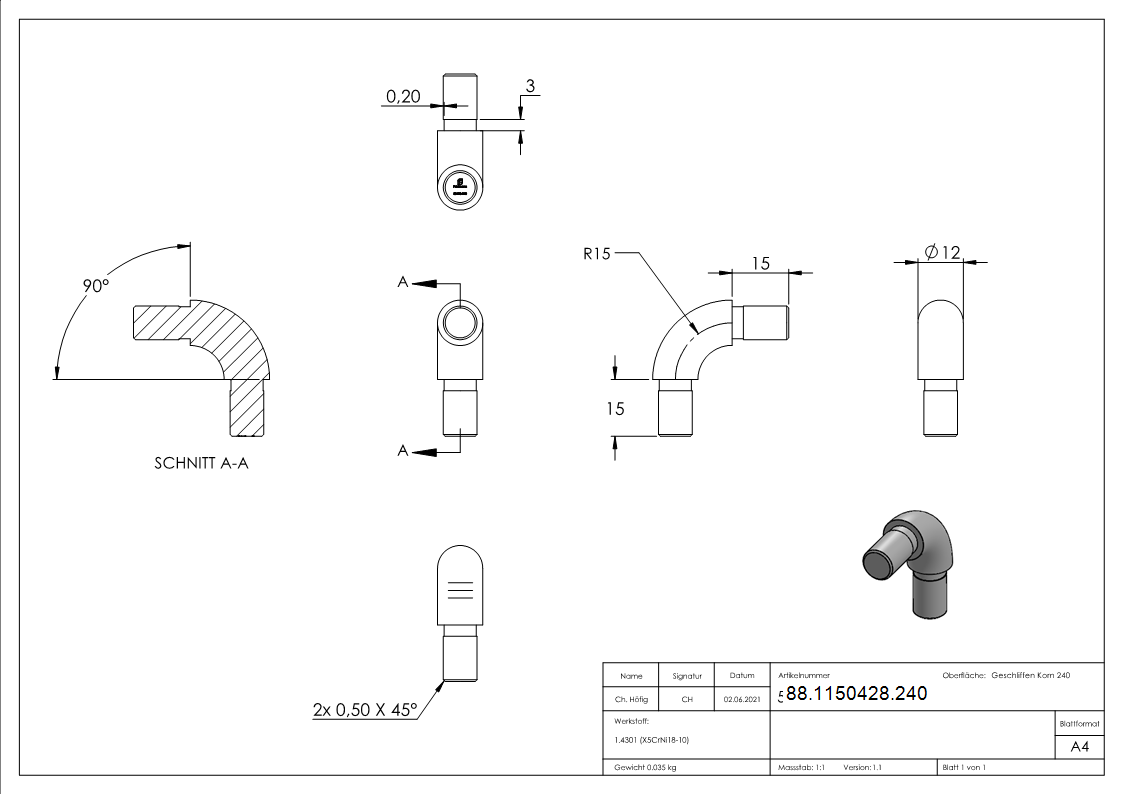 Rohrverbinder 90° V2A fuer Rohr Ø 12 x 1-5 mm zum Kleben K240 geschl-88-1150428.240