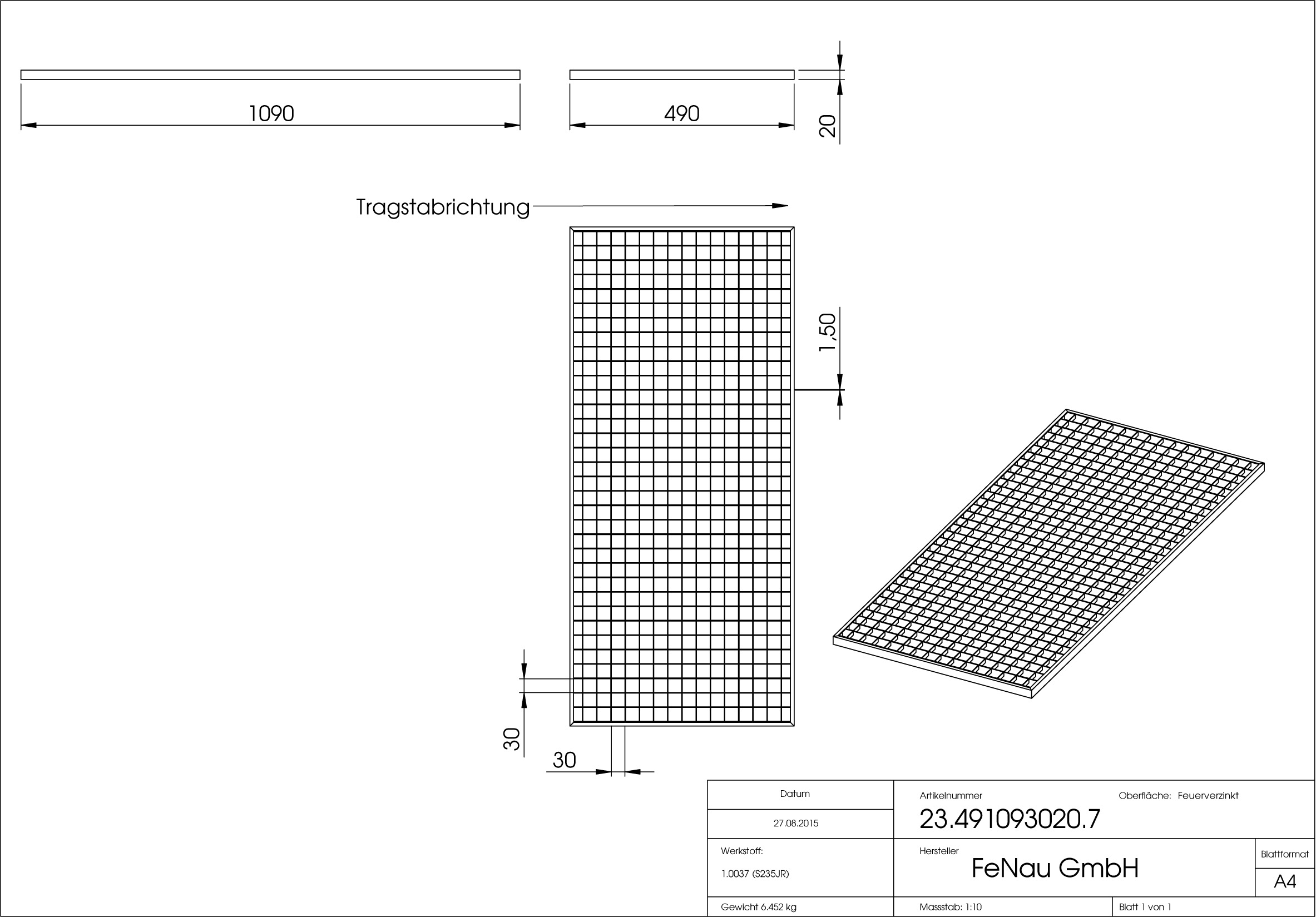 Lichtschachtrost Baunormrost | Maße:  490x1090x20 mm 30/30 mm | aus S235JR (St37-2), im Vollbad feuerverzinkt