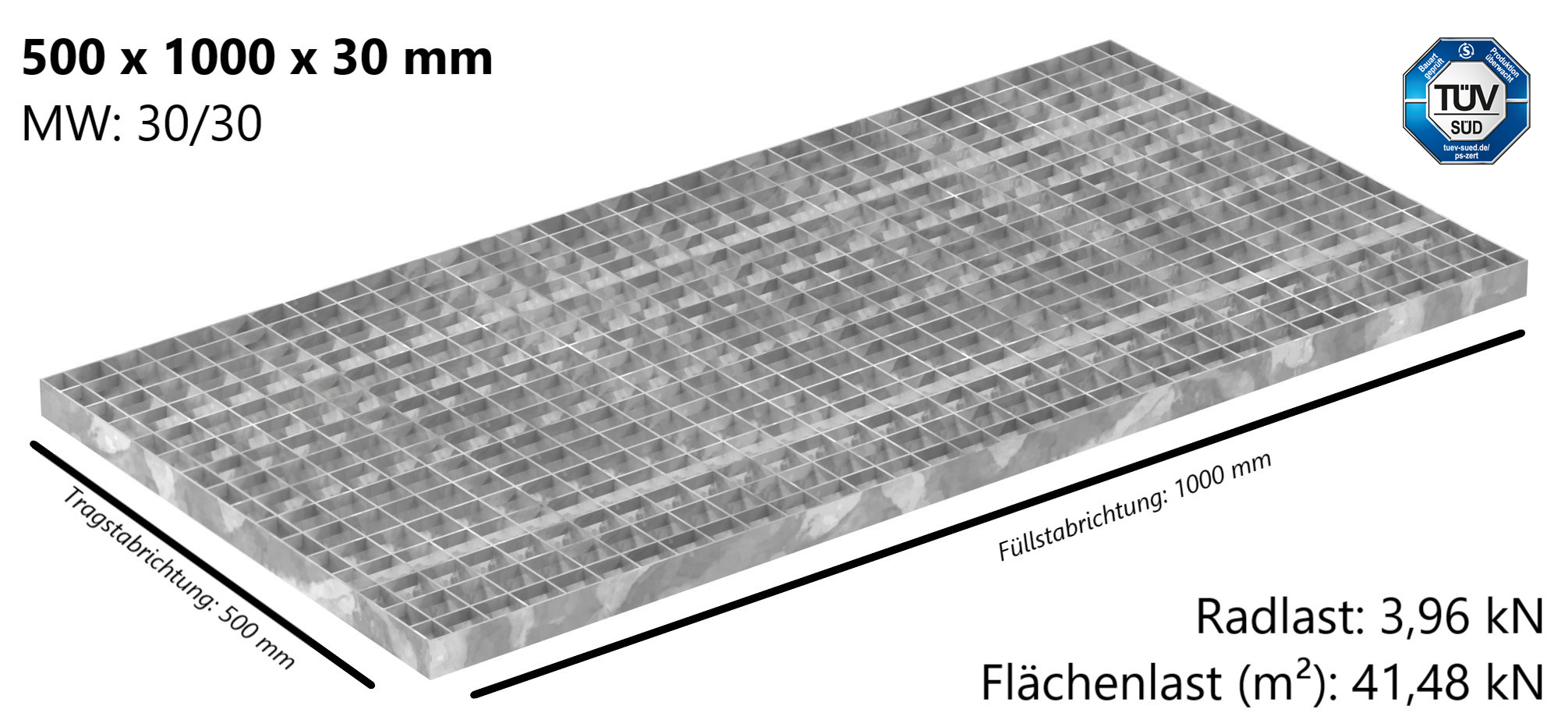 Industrie-Gitterrost - Masse- 500x1000x30 mm; MW 30-30 mm; 30-2 mm - S235JR -St37-2- im Vollbad feuerverzinkt-21-5010030302.7