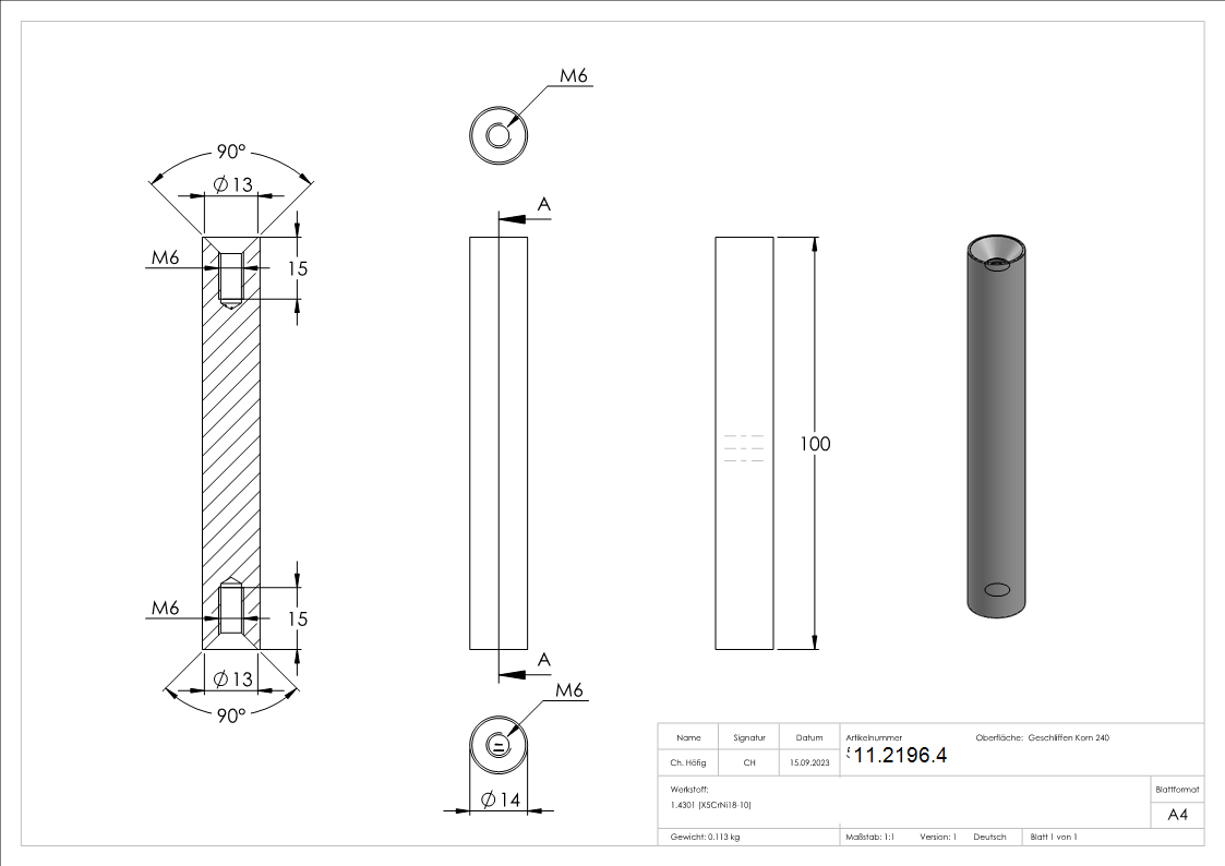 Stift | Maße: 100x14 mm | mit 2 Innengewinde: M6x15 mm | V2A