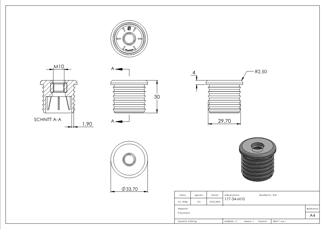 Kunststoffkappe für Rundrohr 33,7mm mit M10