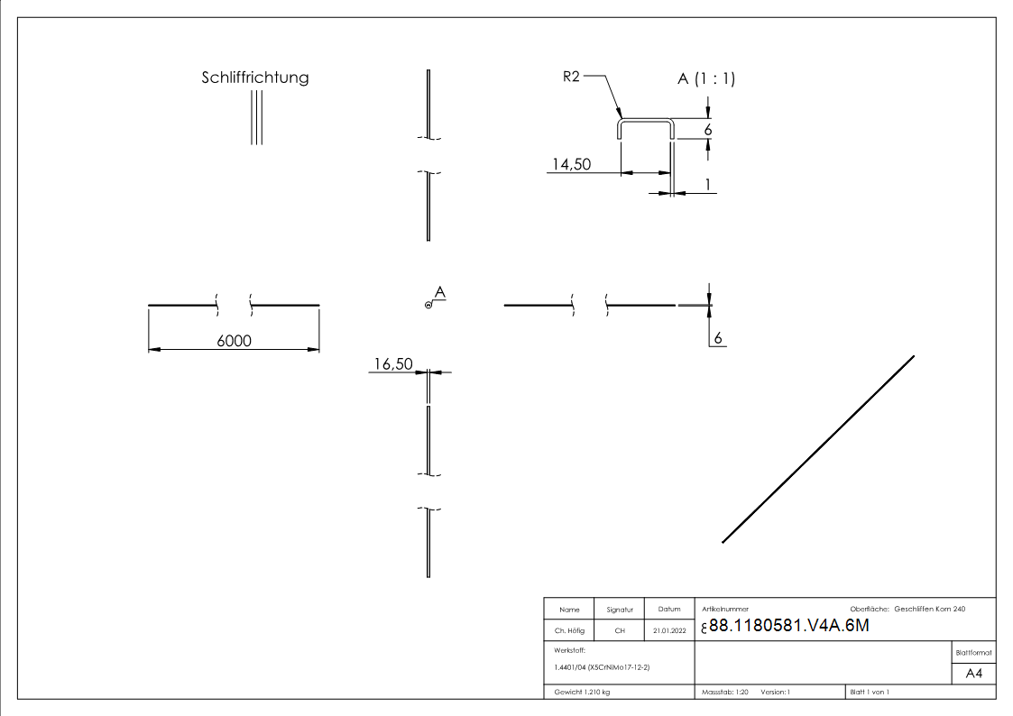 Kantenschutz EXTRA SLIM- fuer Glas 12-00 - 13-52mm- L=6m- Edelstahl V4A-88-1180581-V4A.6M