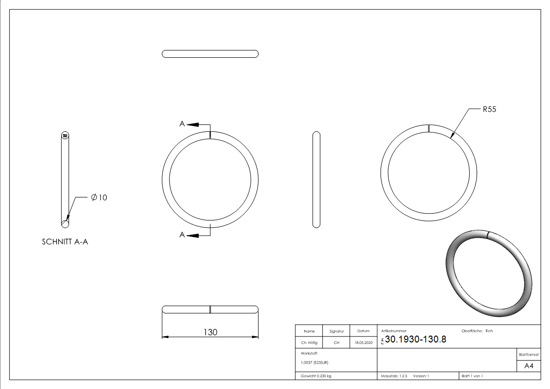 Ring | Material: 10 mm | Außen-Ø 130 mm | Stahl S235JR, roh