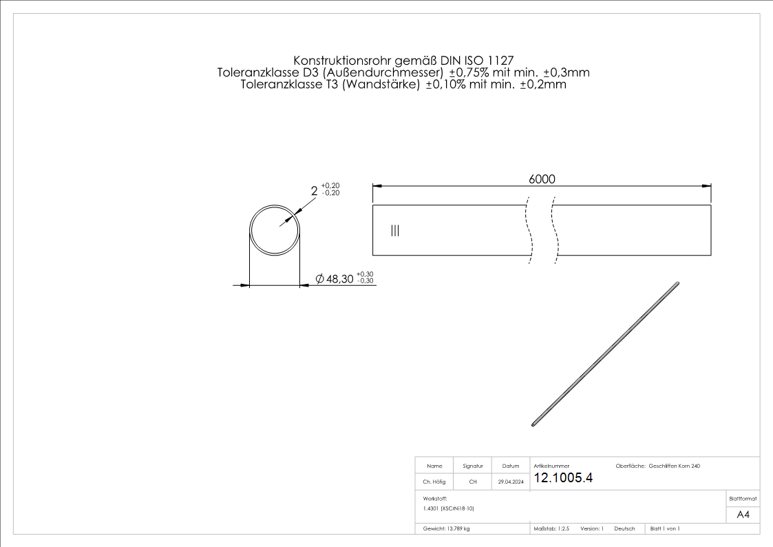 Rundrohr Ø 48,3x2,0 mm V2A á 6 m Edelstahl