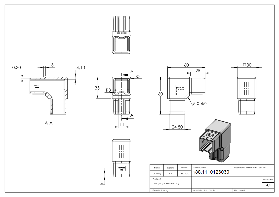 Verbindungsstück 90° für Rohr 30x30x2mm, V4A