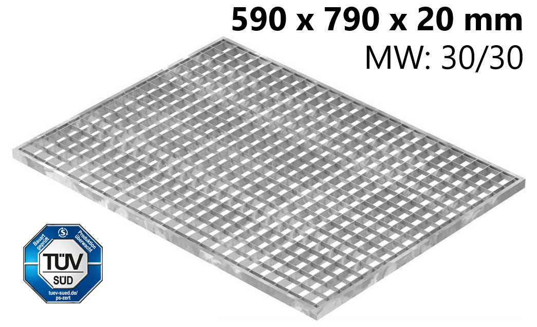 Lichtschachtrost Baunormrost | Maße:  590x790x20 mm 30/30 mm | aus S235JR (St37-2), im Vollbad feuerverzinkt