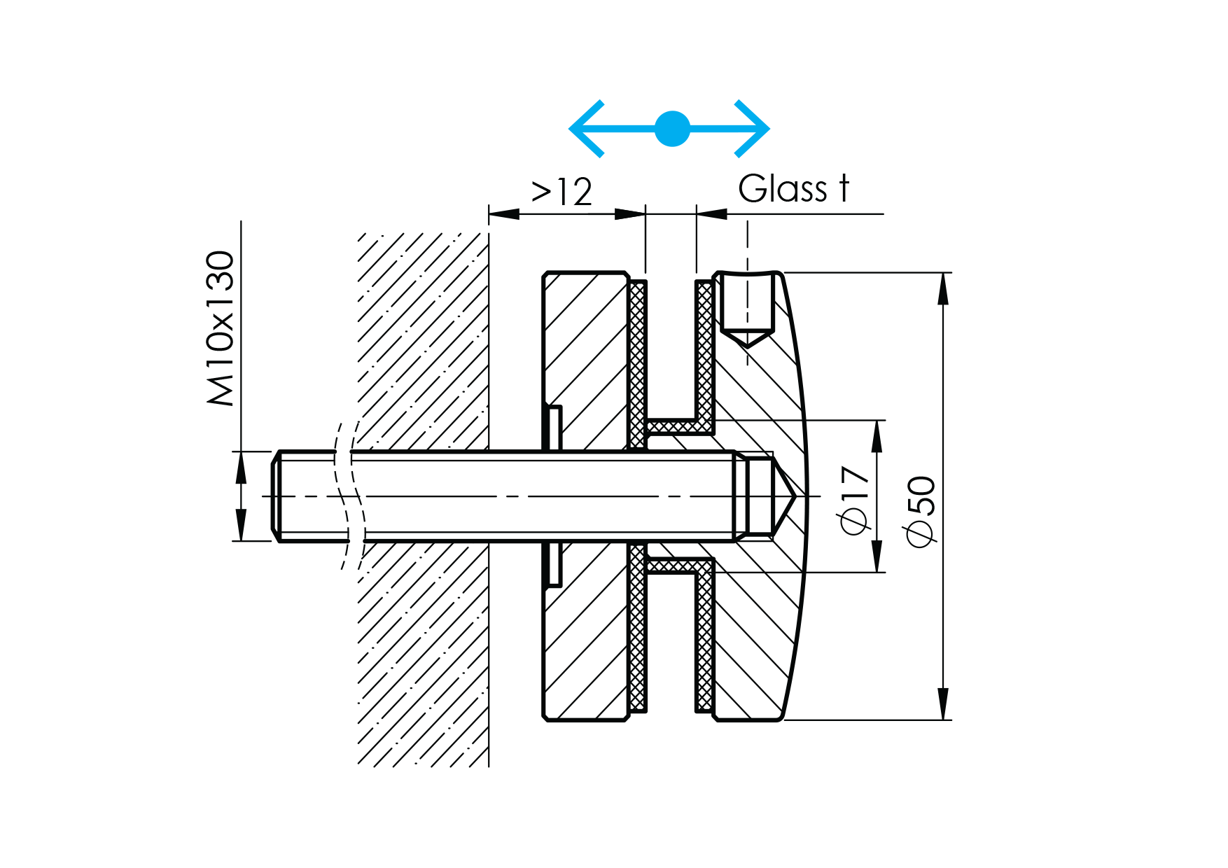 Punkthalter Glas Edelstahl AISI 304 Schliff- Glas 8-17-52 mm- Loch 20 mm- verstellbar-89-11A0747FLEX1B-A.4