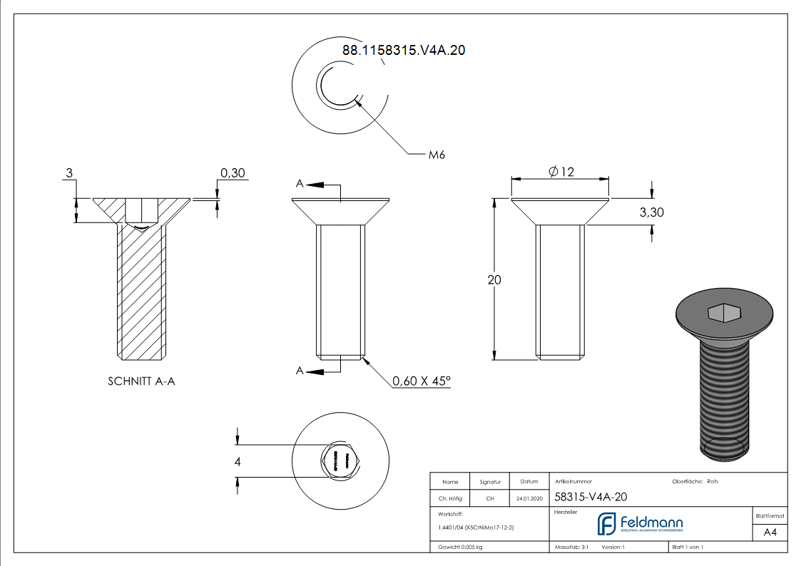 Senkkopfschraube V4A M6x20 Innensechskant ISO 10642-88-1158315-V4A.20