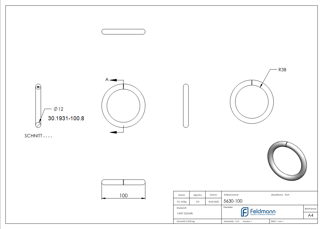 Ring - Material- 12 mm - Aussen-Ø 100 mm - Stahl S235JR- roh-30-1931-100.8