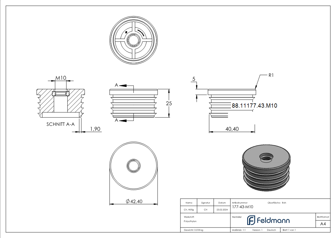 Kunststoffkappe für Rundrohr 42,4mm mit M10