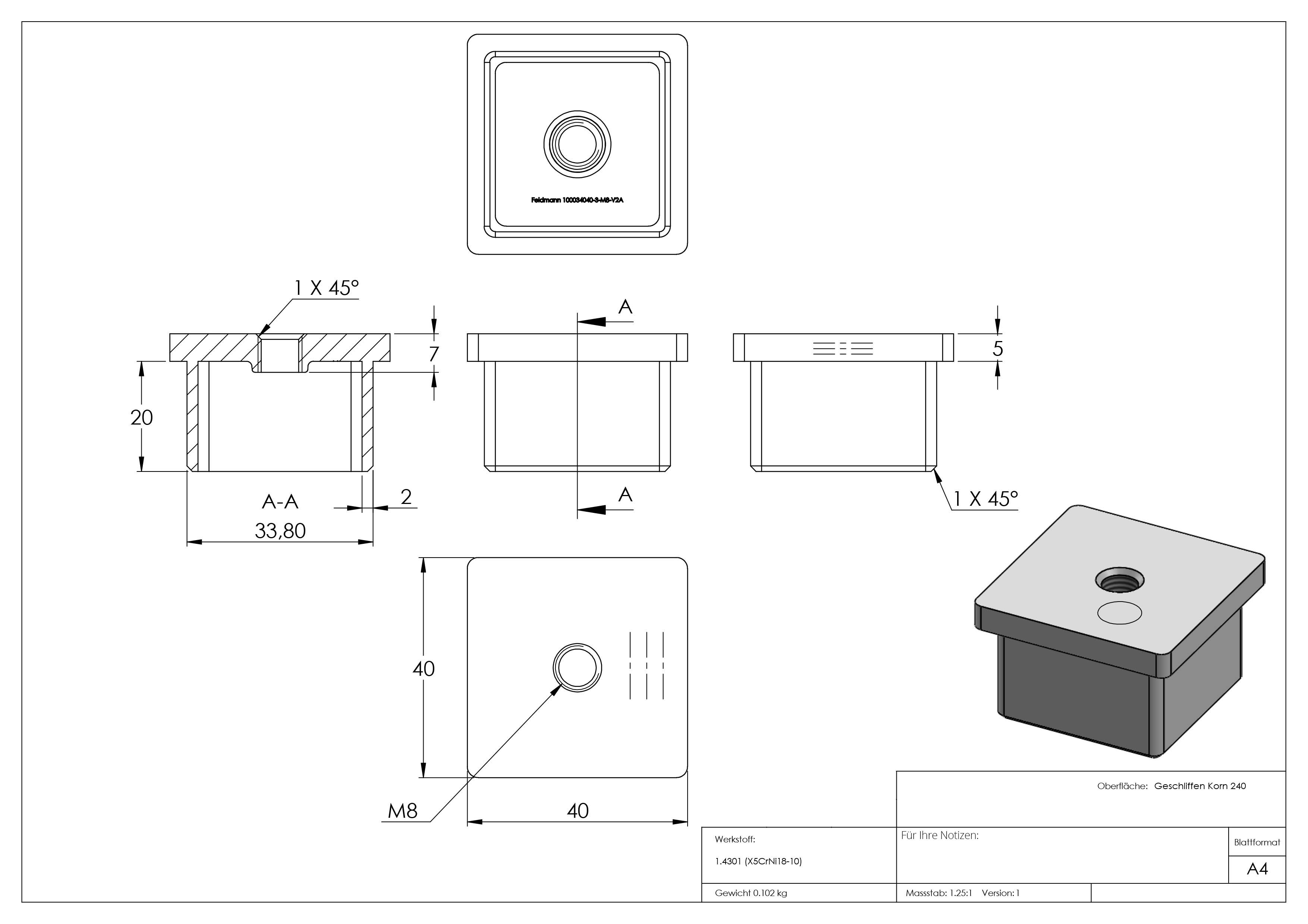 Endkappe für Rohr: 40x40x3 mm zum Kleben mit M8  V2A