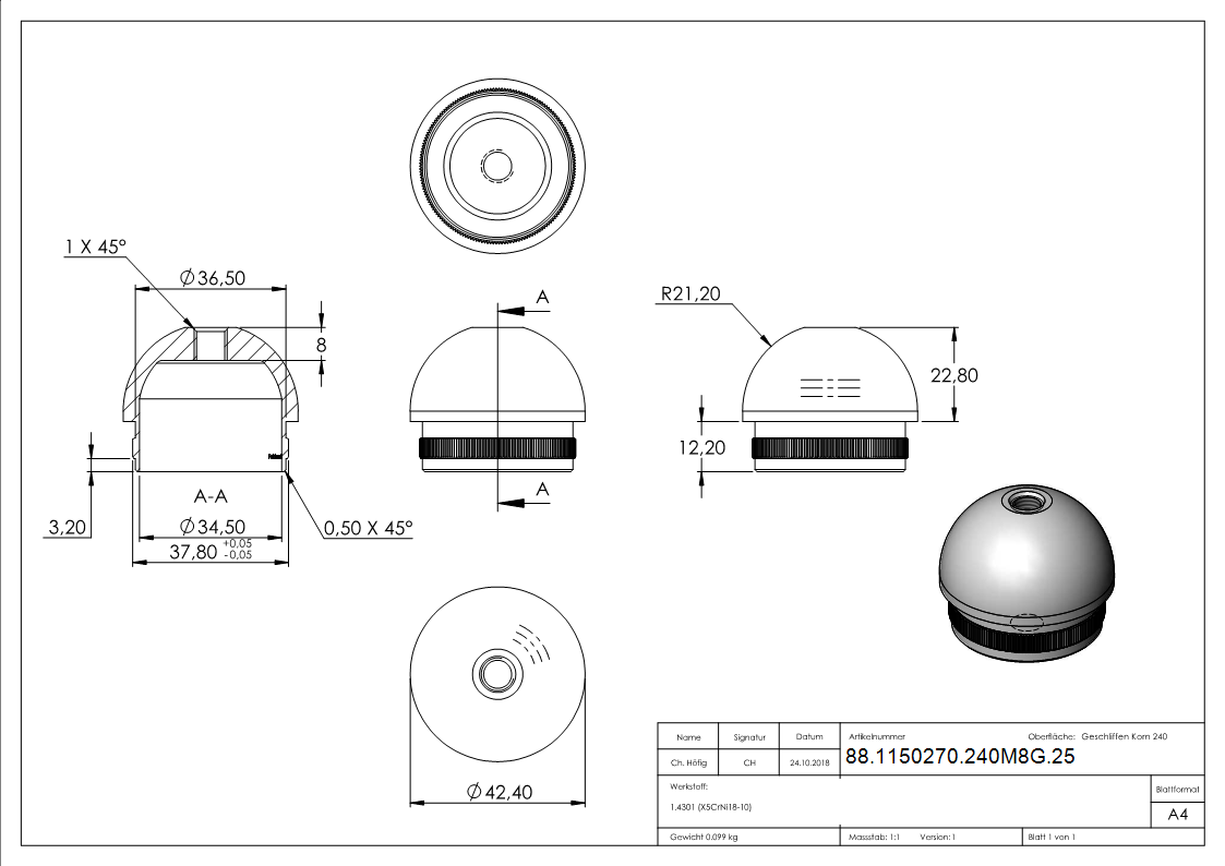 Rohrstopfen mit M8 Gewinde, für Rohr 42,4 x 2,5mm, V2A