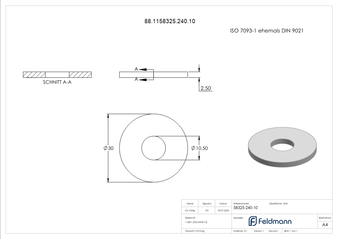 Beilagscheibe gross V2A fuer M10 Schrauben- ISO 7093-1-88-1158325-240.10