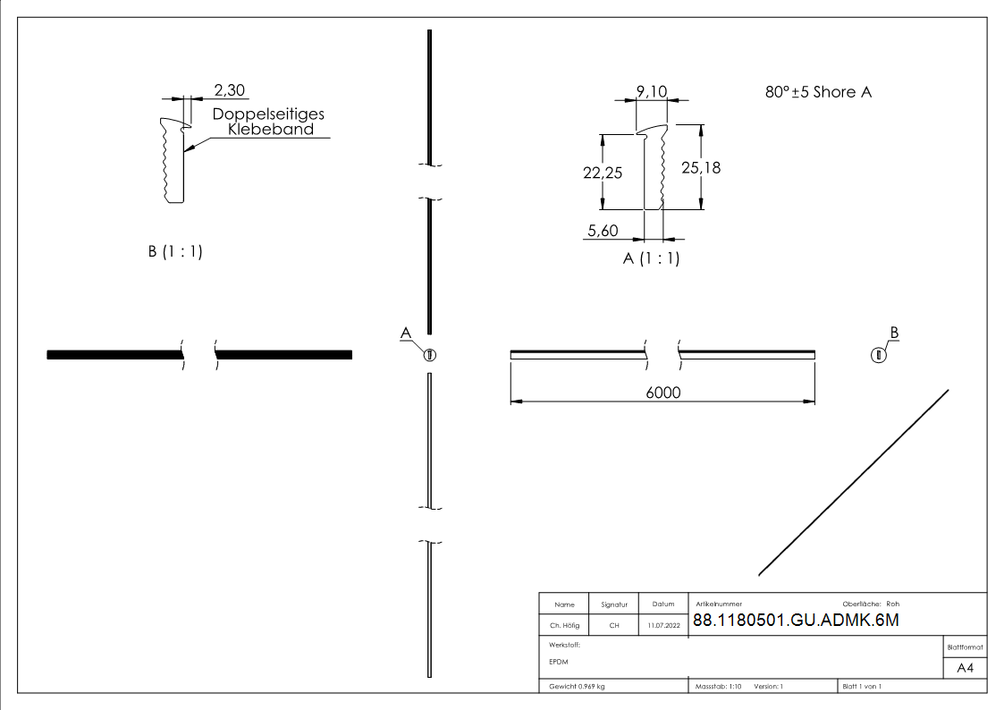 Abschlussdichtung oben, EPDM 80 shore, Länge 6m, schwarz