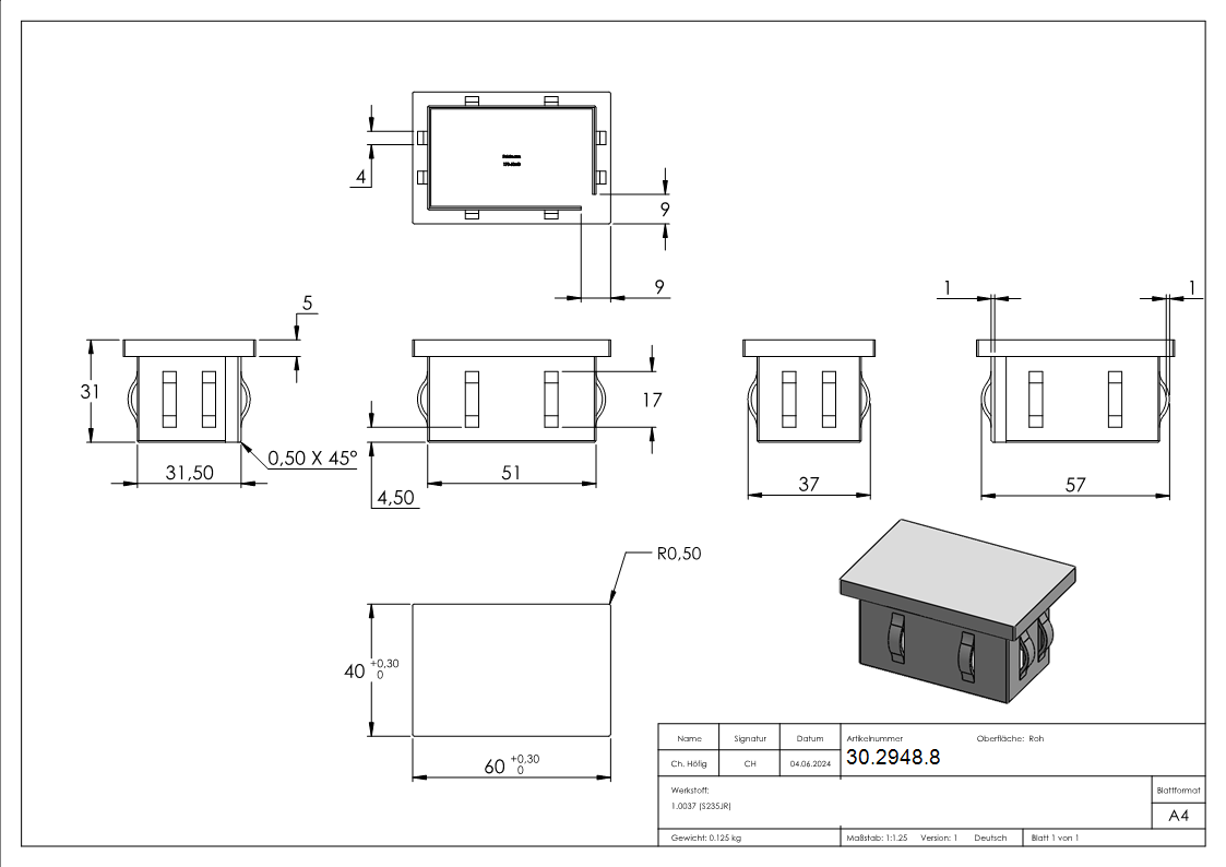 Stahlstopfen flach | für Rohr 60x40x2,0-3,0 mm | Stahl S235JR, roh