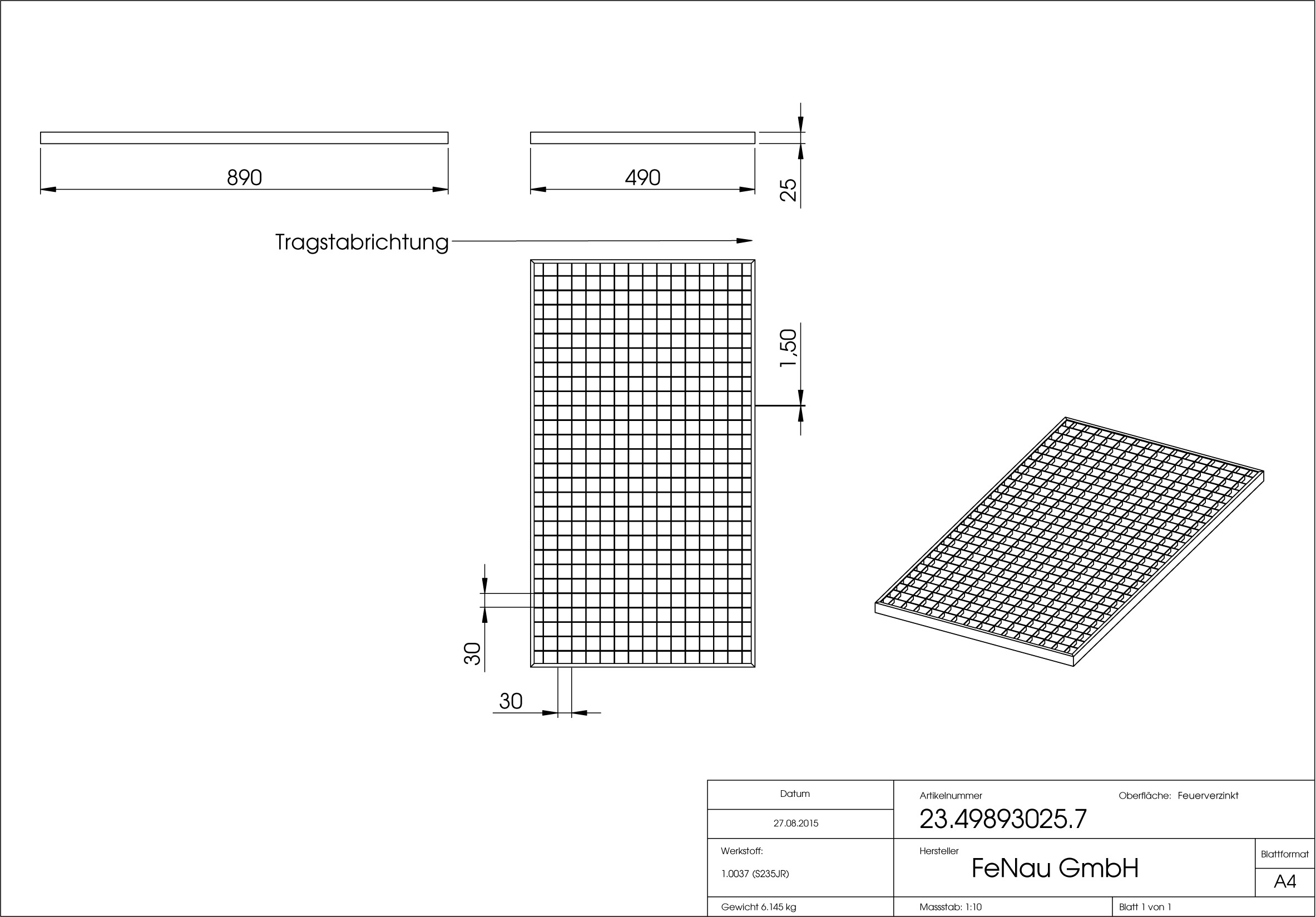 Lichtschachtrost Baunormrost | Maße:  490x890x25 mm 30/30 mm | aus S235JR (St37-2), im Vollbad feuerverzinkt