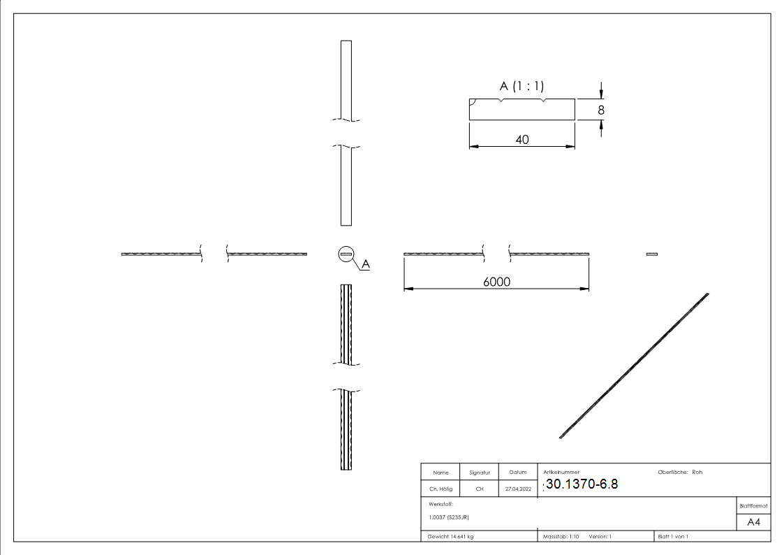 Flacheisen | 2x gerillt | Länge: 6000 mm | Material: 40x8 mm | Stahl (Roh) S235JR