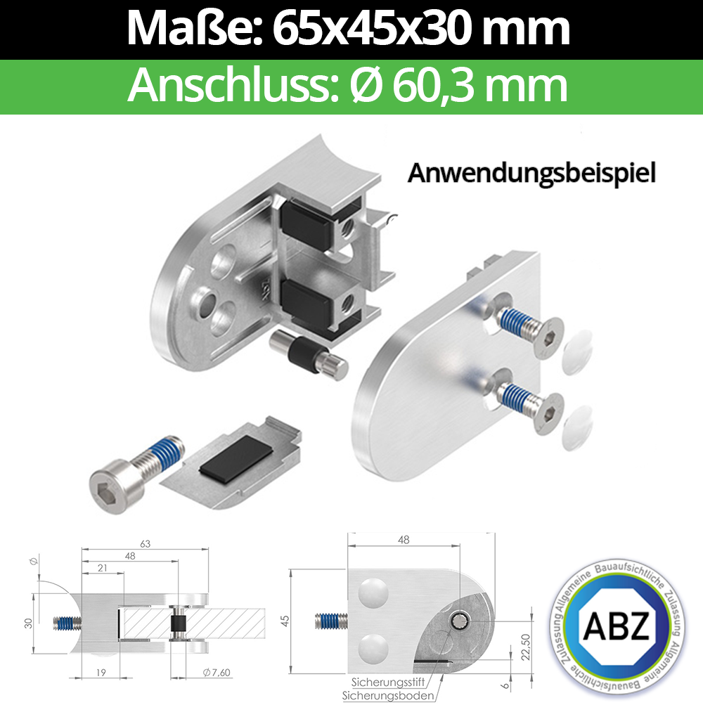 Glasklemme AbZ 63x45x30 mm Ø 60,3 mm, für 11,52 mm VSG Glas, Sicherungsstift (Bohrung 12 mm), Nein | Ohne Sicherungsboden