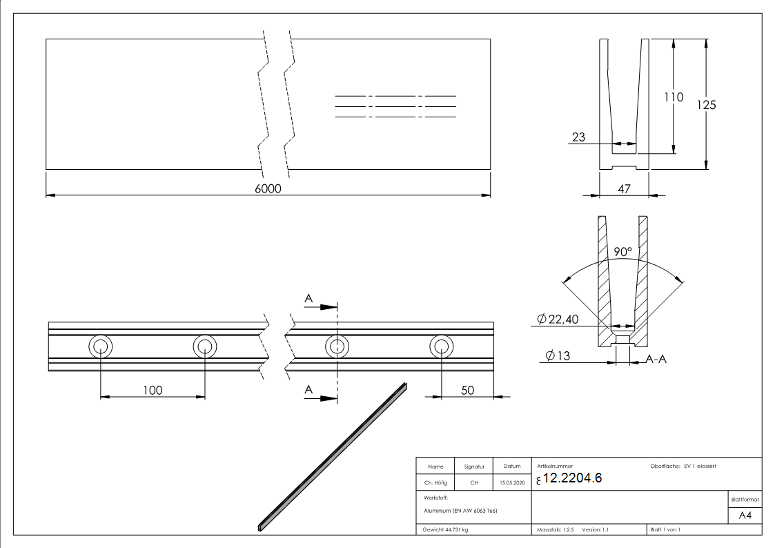 Alu-Profil | MASSIV2 | Länge: 6000 mm | aufgesetzte Montage | Aluminium