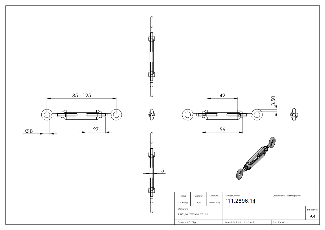 Spannschloss - M4 - Oese-Oese - mit Links-Rechtsgewinde - V4A-11-2896.1