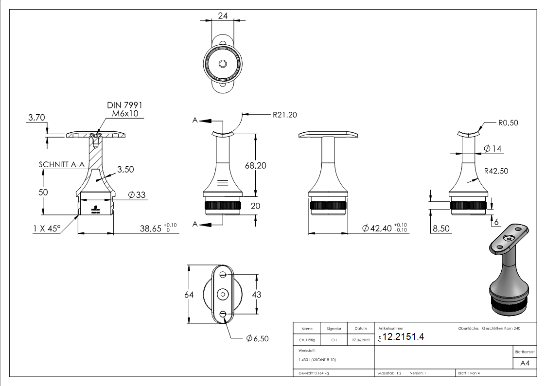 Stütze mit Halteplatte für Rundrohr Ø 42,4 mm + Stopfen für 42,4x2,0 mm V2A