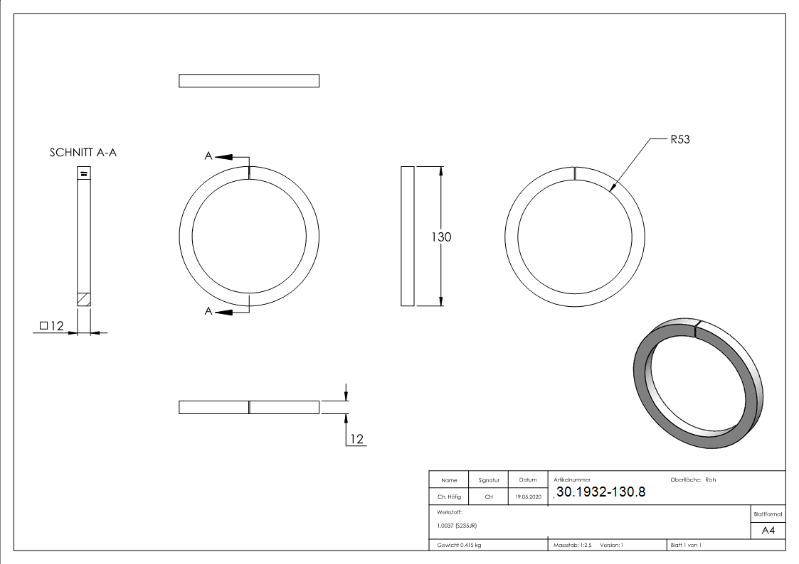 Ring | Material: 12x12 mm | Außen-Ø 130 mm | Stahl S235JR, roh