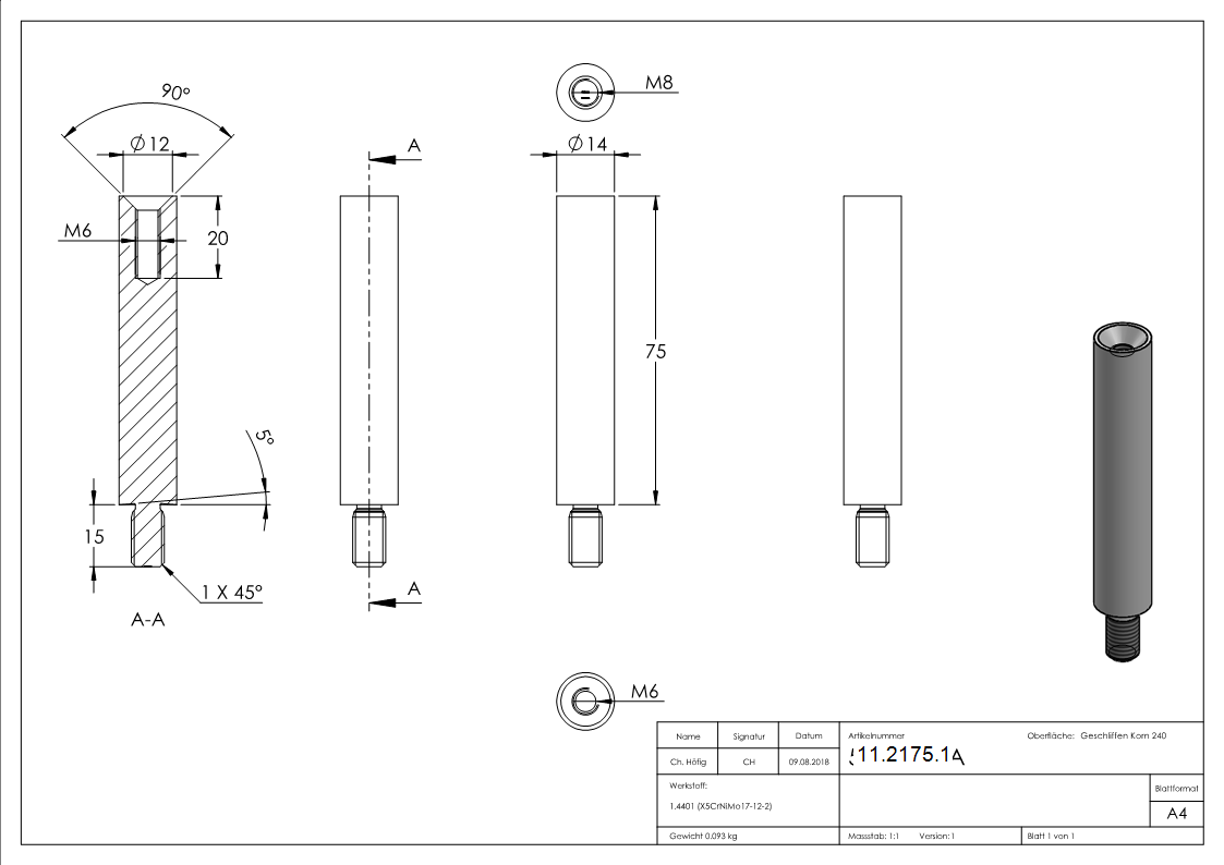 Stift Maße: 75x14 mm mit Außen - und Innengewinde V4A