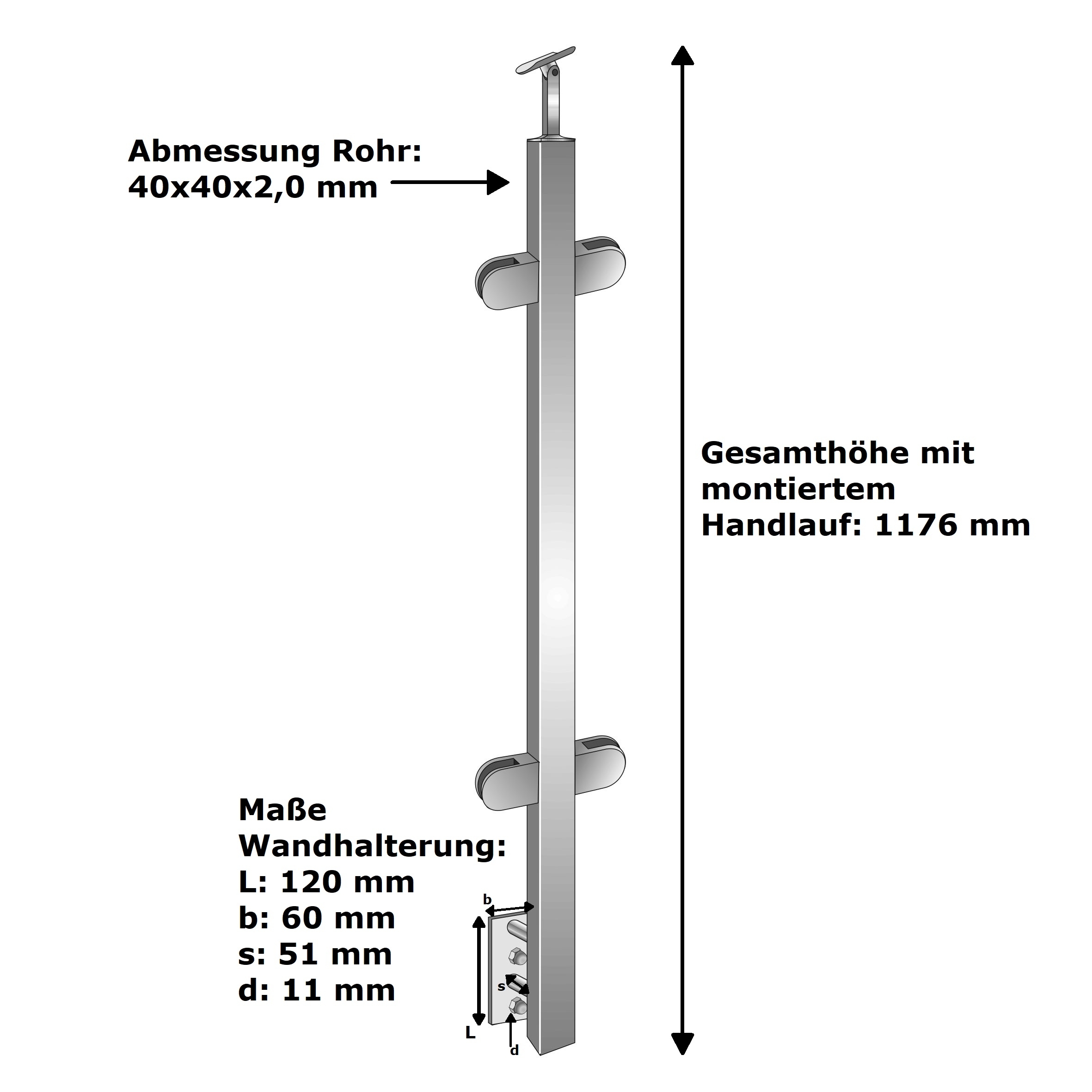 Geländerpfosten | Mittelpfosten | Länge: 1000 mm | für seitliche Montage | V2A