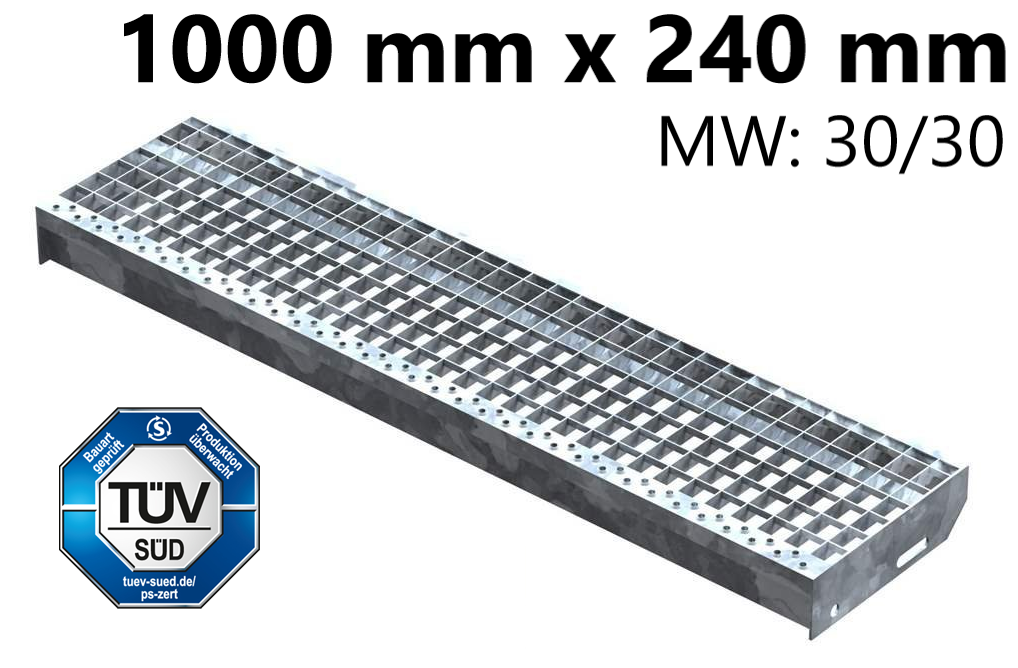 Gitterroststufe Treppenstufe Mae- 1000x240 mm 30-30 mm S235JR -St37-2- im Vollbad feuerverzinkt-40-1002430.7
