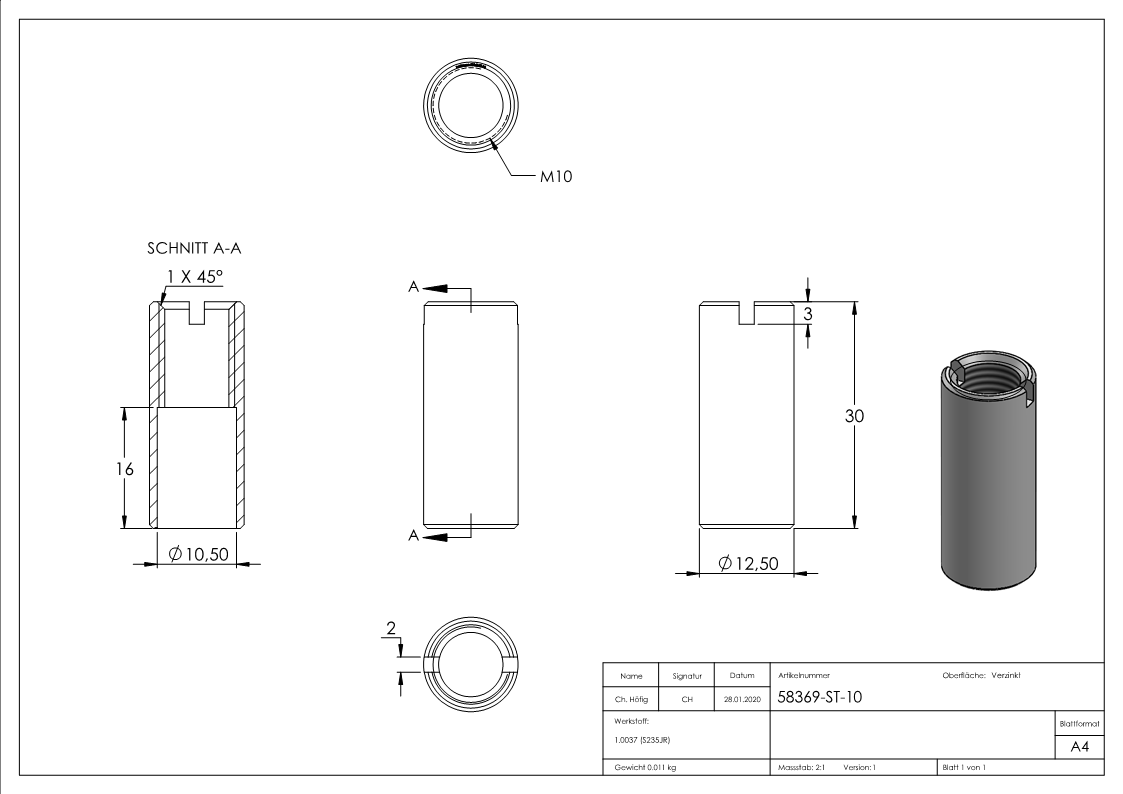 Rampa-Muffe M10 x 30, Stahl verzinkt